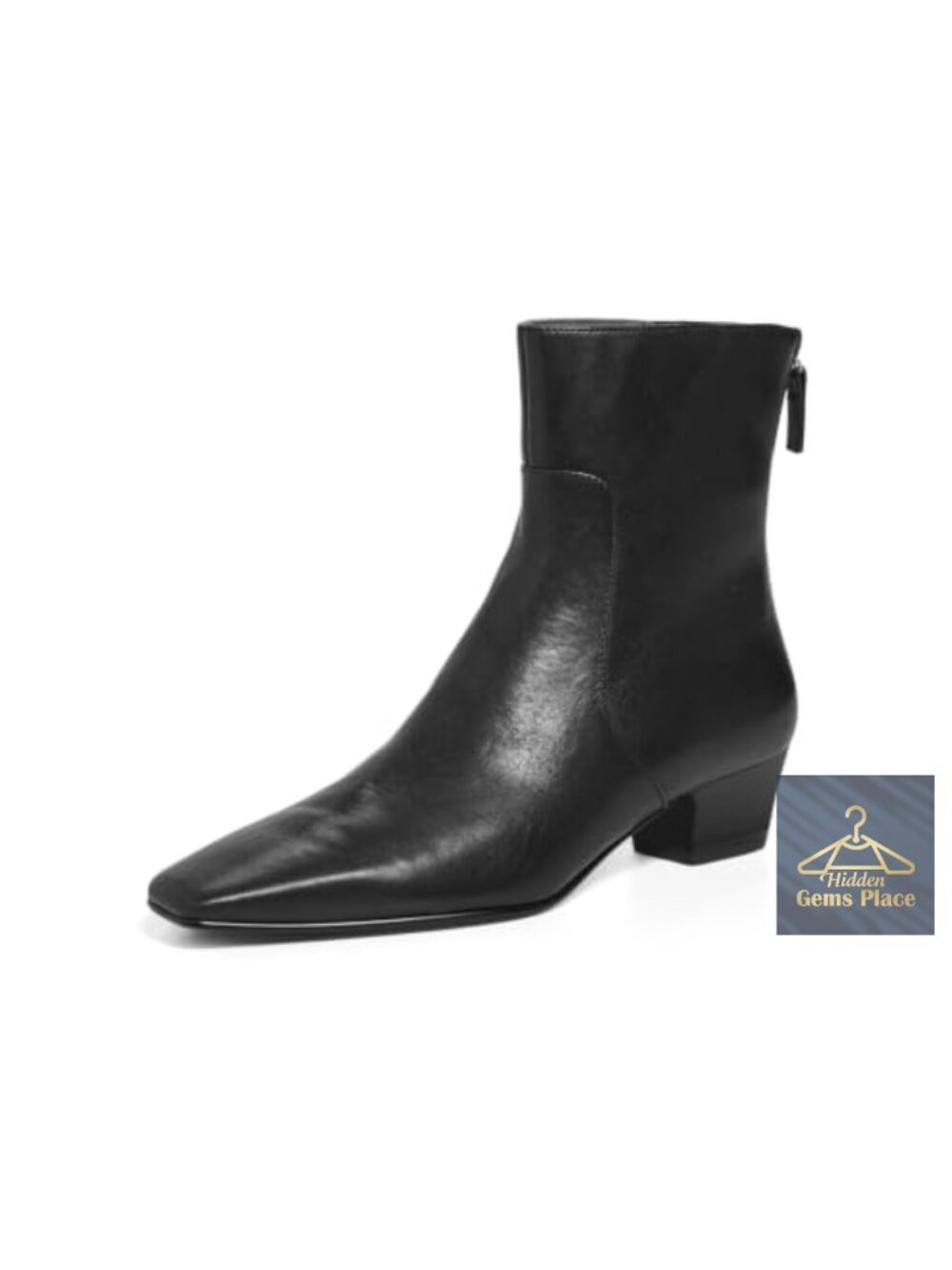 Women's Square Toe Ankle Boots Block Low Heel Faux Leather Back Zipper Booties
